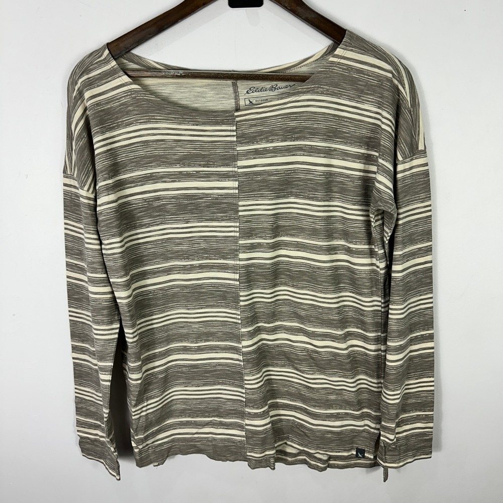 Eddie Bauer Top S Brown Stripe Cotton Long Sleeve Granola Outdoors Minimalist
